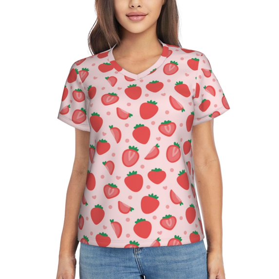 Yiaed Strawberry Print Women's T Shirt V-Neck Short Sleeve Shirt Casual Breathable Tee Summer Tops-Large