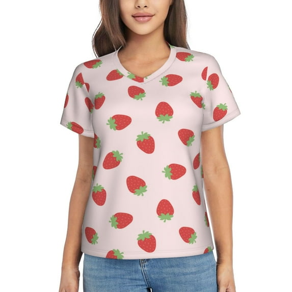 Yiaed Strawberry Print Women's T Shirt V-Neck Short Sleeve Shirt Casual Breathable Tee Summer Tops-X-Large