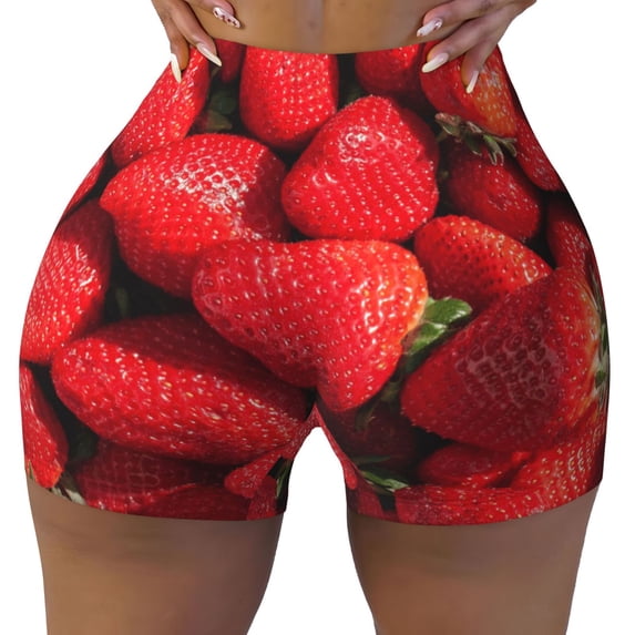 Yiaed Strawberry Red Print Women's Athletic Shorts Running Shorts Sporty Short High Waisted Elastic Workout Shorts for Yoga Gym Running & Sports -Small
