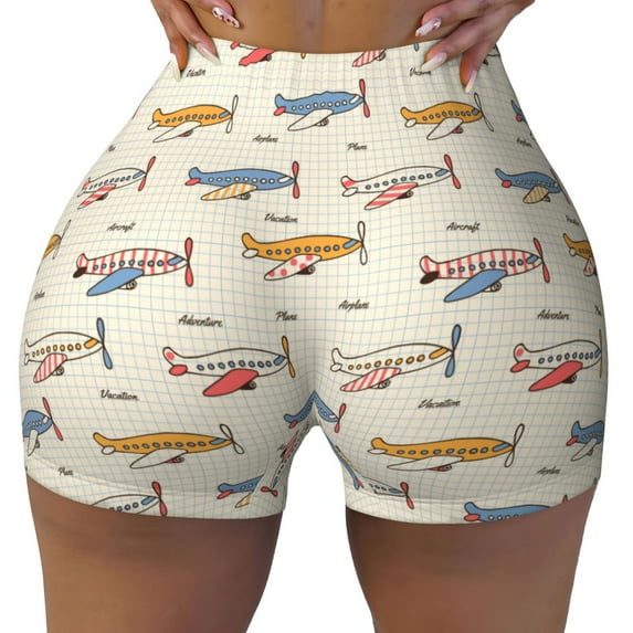 Yiaed Striped Vintage Planes Print Women's Athletic Shorts Running Shorts Sporty Short High Waisted Elastic Workout Shorts for Yoga Gym Running & Sports -X-Large