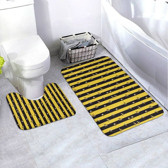 Yiaed Striped With Bees Print Bathroom Mat Set 2 Pieces Mat Anti-Skid Pad Ultra Soft and Absorbent Bathroom Bath Mat Contour Bath Rugs for Toilet Base