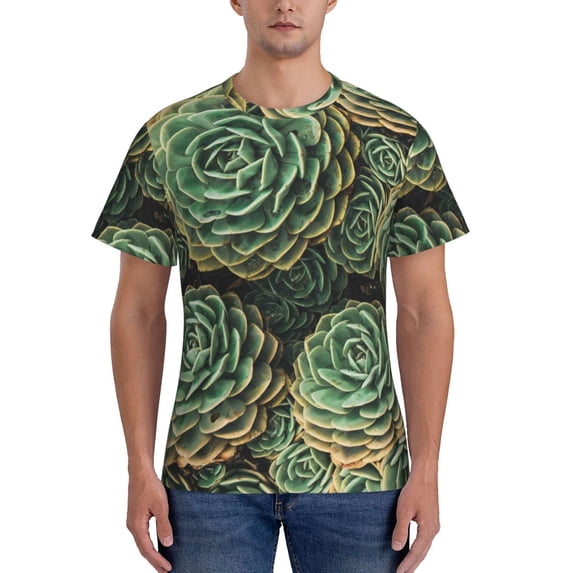 Yiaed Succulents Print Mens Short Sleeve Tight Fit T-Shirt, Crewneck Casual Tee-X-Large