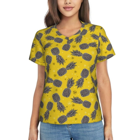 Yiaed Summer Pineapple Print Women's T Shirt V-Neck Short Sleeve Shirt Casual Breathable Tee Summer Tops-Medium