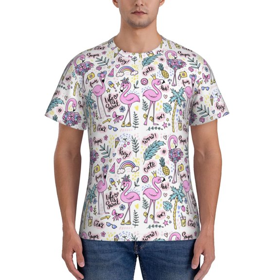 Yiaed Summer with Flamingo Print Mens Short Sleeve Tight Fit T-Shirt, Crewneck Casual Tee-Large