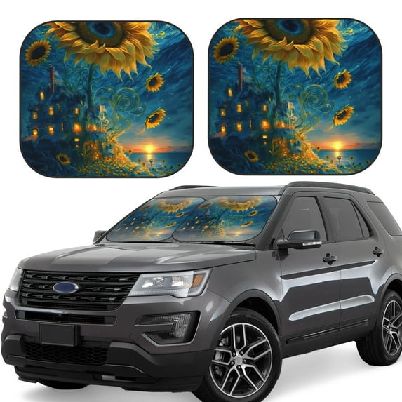 Yiaed Sunflower Castle Starry Sky Print Car Front Windshield Sun Shade,Foldable Anti-UV Car Sunshade for Front Window for Most Vehicles-Small