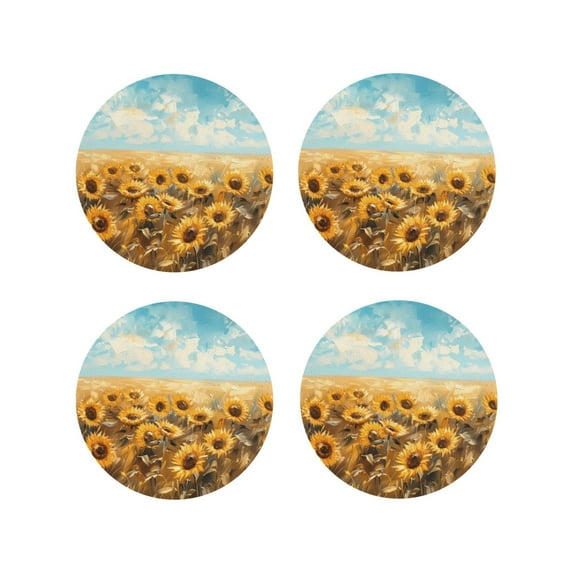 Yiaed Sunflower Field Bliss Print Leather Coasters for Drinks - Cup Coasters Coffee Table Kitchen Table Bar, Home & Office Gifts Handmade Drink Coasters-Round Shape