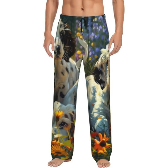 Yiaed Sunflower Field Spotted Dog Print Men's Lounge Pants, Loose PJ Bottoms, Long Pajama Pants for Men-X-Large