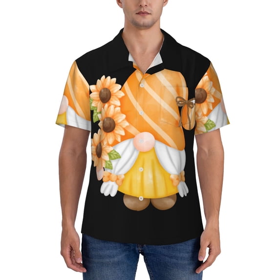 Yiaed Sunflower Gnomes 2 Print Hawaiian Shirt for Men Short Sleeve Button Down Shirts Beach Shirts for Men-X-Large