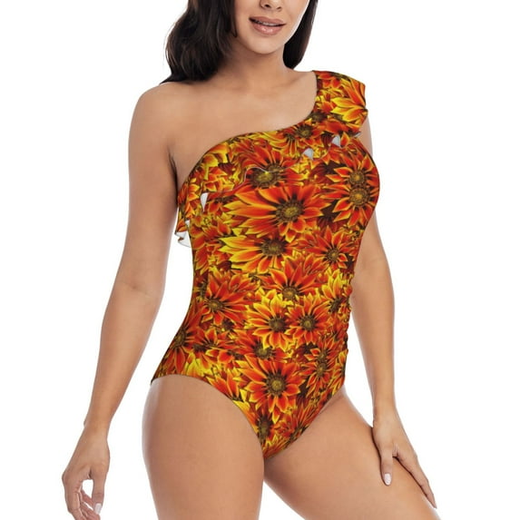 Yiaed Sunflower4 Print Women One Piece Swimsuits Tummy Control One Shoulder Bathing Suits Pattern Ruffle Swimwear-Small