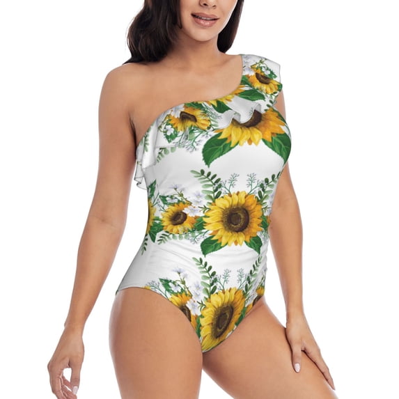 Yiaed Sunflowers (2) Print Women One Piece Swimsuits Tummy Control One Shoulder Bathing Suits Pattern Ruffle Swimwear-Small