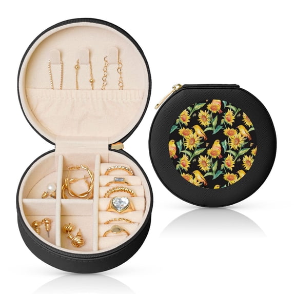 Yiaed Sunflowers And Bird Print Travel Jewelry Case Bridesmaid Gift Boxes Jewelry Travel Organizer Small Round Jewelry Box Mini Storage-Black