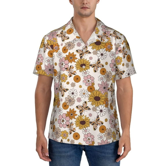 Yiaed Sunflowers And Butterflies Print Hawaiian Shirt for Men Short Sleeve Button Down Shirts Beach Shirts for Men-Small