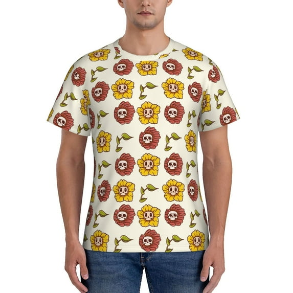 Yiaed Sunflowers And Skull Print Mens Short Sleeve Tight Fit T-Shirt, Crewneck Casual Tee-3X-Large