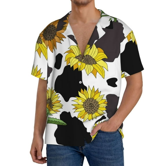 Yiaed Sunflowers Country Print Mens Casual Wrinkle Free Shirts Short Sleeve Button Down Summer Stretch Dress Shirt-XX-Large