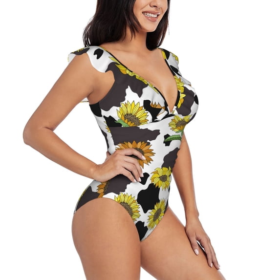 Yiaed Sunflowers Country Print Women's Ruffled One Piece Swimsuit V Neck Swimwear Slimming Monokini for Woman-XX-Large