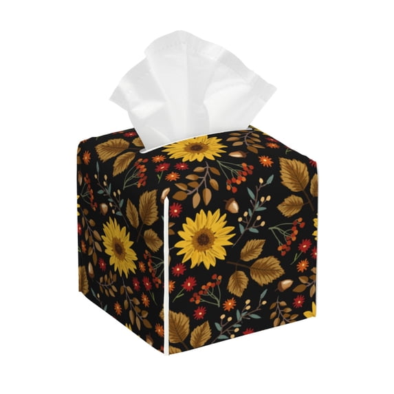 Yiaed Sunflowers Leaves Print Tissue Box Cover, PU Leather Decorative Organizer for Tabletop, Bathroom, Car, Office Creative Decorative