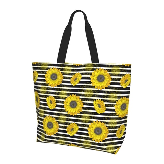 Yiaed Sunflowers On Black And White Stripes Print Handbag for Women Tote Purse Shoulder Bag Large Fashion Hobo Purse Handbag Shopping Tote