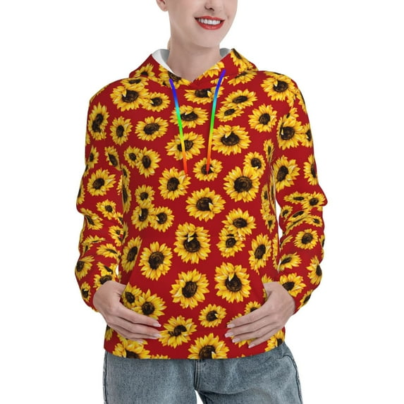 Yiaed Sunflowers On Red Print Womens Casual Hoodies Crew Neck Long Sleeve Sweatshirts With Pocket Pullover Tops Women's Hooded Sweatshirt-Medium