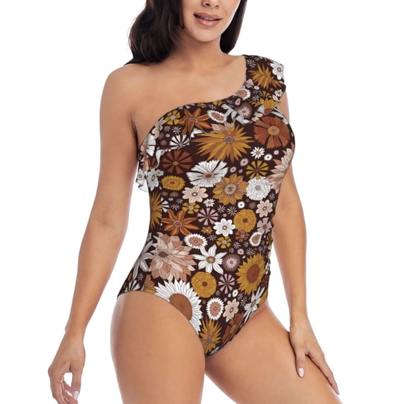 Yiaed Sunflowers Print Women One Piece Swimsuits Tummy Control One Shoulder Bathing Suits Pattern Ruffle Swimwear-Large