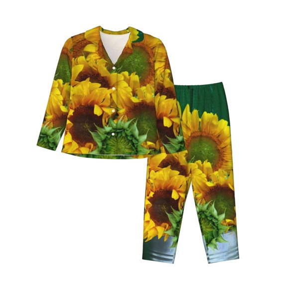 Yiaed Sunflowers in Bucket Print Pajamas Women's Long Sleeve Sleepwear Soft Button Down Loungewear Pjs Lounge Set Nightwear Womens Pajama Pants-Large
