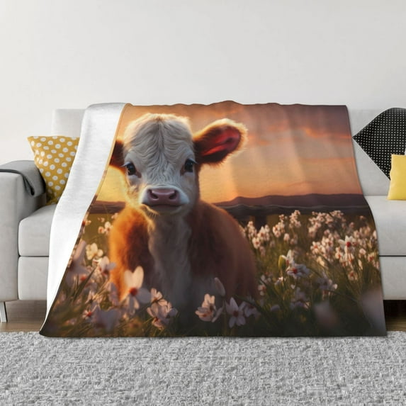 Yiaed Sunset Calf Flower Field Print Blanket Throw Blanket Soft Cozy Flannel Blanket for Home Bed Sofa Couch Chair-60"x50"