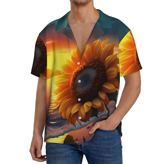 Yiaed Sunset Coast Sunflower Print Mens Casual Wrinkle Free Shirts Short Sleeve Button Down Summer Stretch Dress Shirt-4X-Large