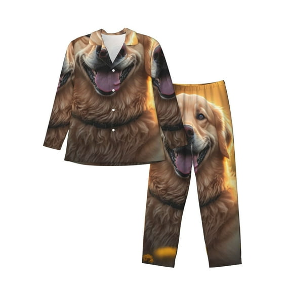 Yiaed Sunset Daisy Dog Print Men’s Pajamas Set - Long Sleeve Button Down Sleep Shirt and Pajama Bottoms Sleepwear Set Mens Pjs Sets Men's Pajama Bottoms-X-Large