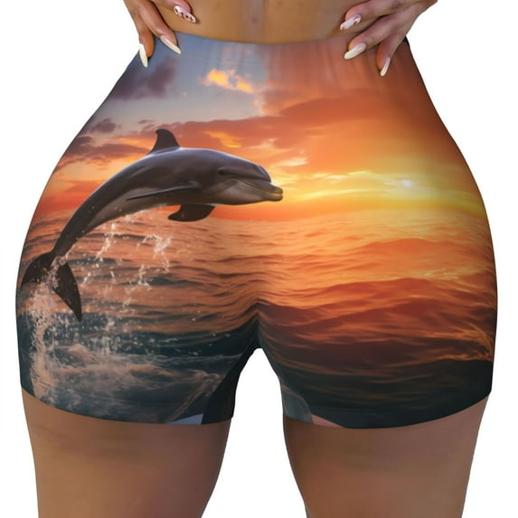 Yiaed Sunset Dancing Dolphin B Print Women's Athletic Shorts Running Shorts Sporty Short High Waisted Elastic Workout Shorts for Yoga Gym Running & Sports -Medium