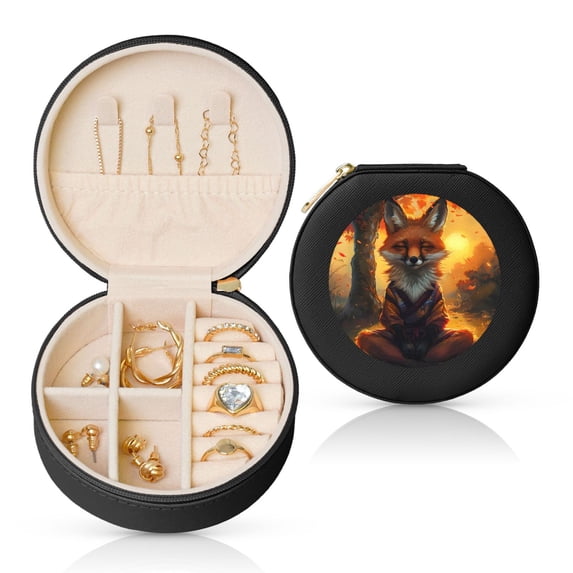 Yiaed Sunset Maple Tree Fox Print Travel Jewelry Case Bridesmaid Gift Boxes Jewelry Travel Organizer Small Round Jewelry Box Mini Storage-Black