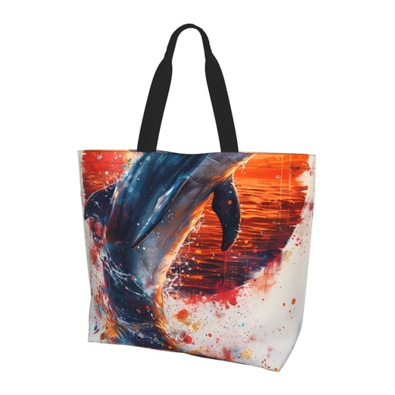 Yiaed Sunset Ocean Watercolor Dolphin Print Handbag for Women Tote Purse Shoulder Bag Large Fashion Hobo Purse Handbag Shopping Tote