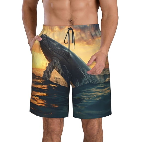 Yiaed Sunset Ocean Whale Print Men's Swim Trunks with Lining Quick Dry Sports Shorts Beach Shorts Boardshorts-Large