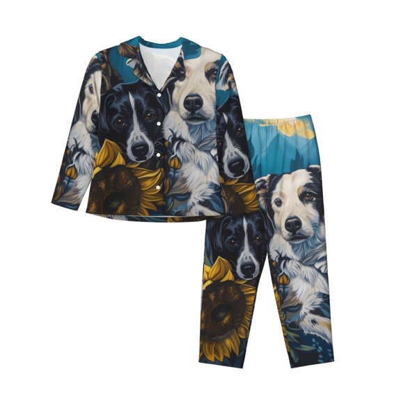 Yiaed Sunset Sunflower Dog Print Pajamas Women's Long Sleeve Sleepwear Soft Button Down Loungewear Pjs Lounge Set Nightwear Womens Pajama Pants-Medium