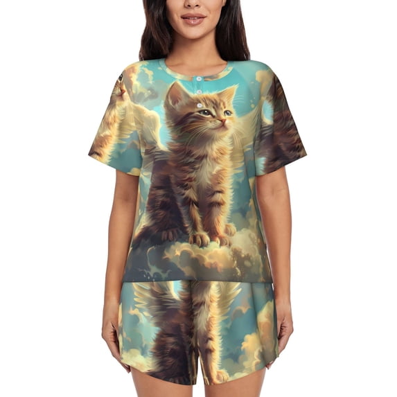 Yiaed Sunshine Cloud Cute Cat Print Short Sleeve Pajama Sets for Women Casual Crew Neck 2 Piece Lounge Sets Women's Short-Sleeved Pajama-XX-Large