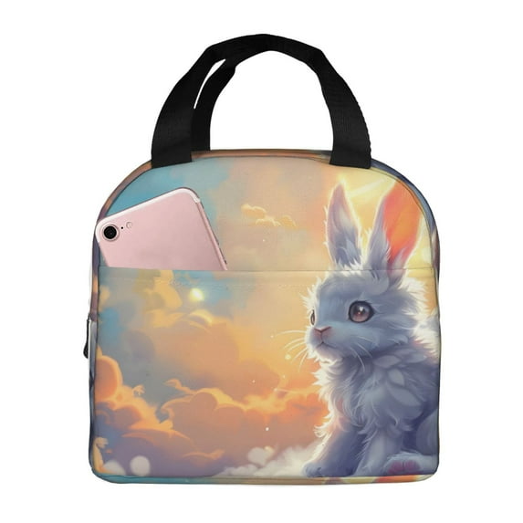 Yiaed Sunshine Colorful Cloud Rabbit Print Insulated Lunch Bag Reusable Cute Tote Lunch Box, Leakproof Cooler Lunch Bags for Work Office Travel School Picnic