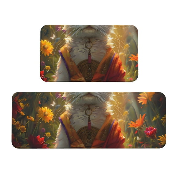 Yiaed Sunshine Flower Meditating Cat Kitchen Rugs Sets of 2 Kitchen Mats Cushioned Anti Fatigue Kitchen Rug Tapetes Para Cocina for Sink,Laundry Room