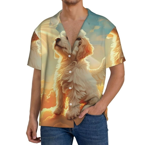 Yiaed Sunshine Golden Cloud Dog Print Mens Casual Wrinkle Free Shirts Short Sleeve Button Down Summer Stretch Dress Shirt-3X-Large