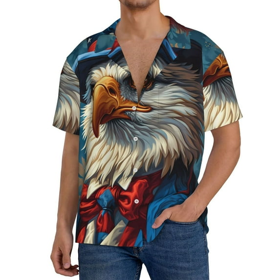 Yiaed Surreal Bald Eagle Gentleman Print Mens Casual Wrinkle Free Shirts Short Sleeve Button Down Summer Stretch Dress Shirt-Large