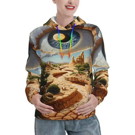 Yiaed Surreal Desert Eye Landscape Print Womens Casual Hoodies Crew Neck Long Sleeve Sweatshirts With Pocket Pullover Tops Women's Hooded Sweatshirt-XX-Large
