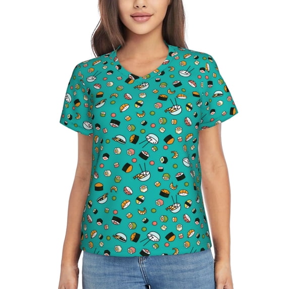 Yiaed Sushi (3) Print Women's T Shirt V-Neck Short Sleeve Shirt Casual Breathable Tee Summer Tops-