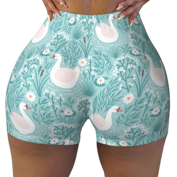 Yiaed Swan And Flowers4 Print Women's Athletic Shorts Running Shorts Sporty Short High Waisted Elastic Workout Shorts for Yoga Gym Running & Sports -Small