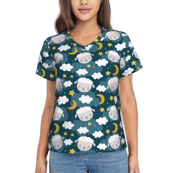Yiaed Sweet Dream Lamb Print Women's T Shirt V-Neck Short Sleeve Shirt Casual Breathable Tee Summer Tops-Large