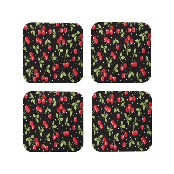 Yiaed Sweet Red Cherry Print Leather Coasters for Drinks - Cup Coasters Coffee Table Kitchen Table Bar, Home & Office Gifts Handmade Drink Coasters-Square