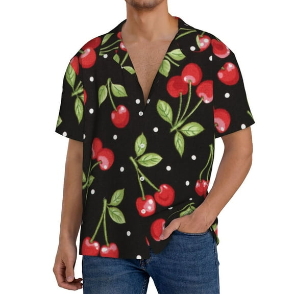Yiaed Sweet Red Cherry Print Mens Casual Wrinkle Free Shirts Short Sleeve Button Down Summer Stretch Dress Shirt-Small