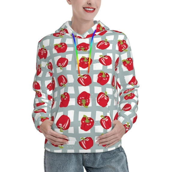 Yiaed Sweet Red Fruit Print Womens Casual Hoodies Crew Neck Long Sleeve Sweatshirts With Pocket Pullover Tops Women's Hooded Sweatshirt-XX-Large