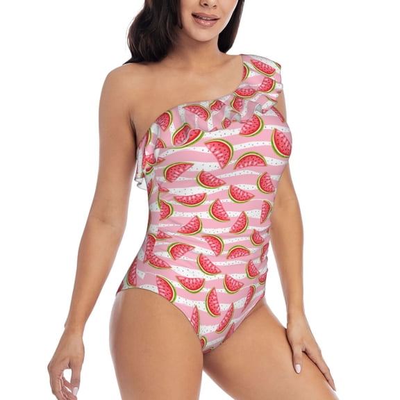 Yiaed Sweet Watermelon Print Women One Piece Swimsuits Tummy Control One Shoulder Bathing Suits Pattern Ruffle Swimwear-Small