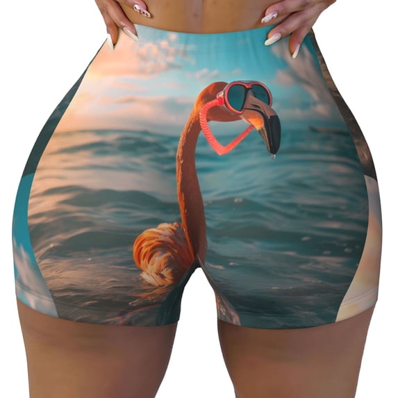 Yiaed Swimming Goggled Flamingo Print Women's Athletic Shorts Running Shorts Sporty Short High Waisted Elastic Workout Shorts for Yoga Gym Running & Sports -XX-Large