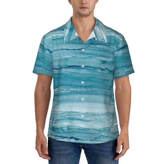 Yiaed Teal Turquoise Fluid Stripes Print Hawaiian Shirt for Men Short Sleeve Button Down Shirts Beach Shirts for Men-Medium