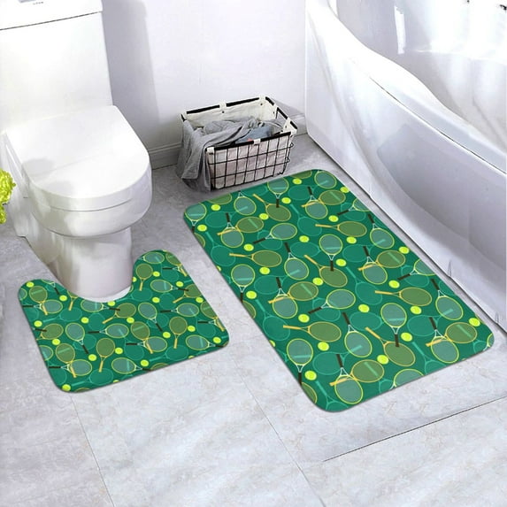 Yiaed Tennis Rackets and Balls Print Bathroom Mat Set 2 Pieces Mat Anti-Skid Pad Ultra Soft and Absorbent Bathroom Bath Mat Contour Bath Rugs for Toilet Base