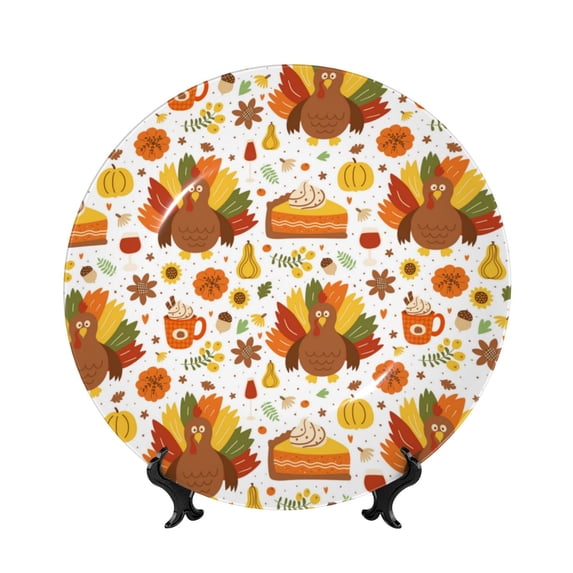 Yiaed Thanksgiving With Turkey Print Bone China Decorative Plate Ceramic Dinner Plates Art Crafts with Display Stand-6in