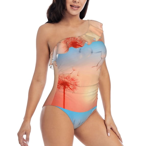 Yiaed The Sunset of Dandelion Print Women One Piece Swimsuits Tummy Control One Shoulder Bathing Suits Pattern Ruffle Swimwear-X-Large